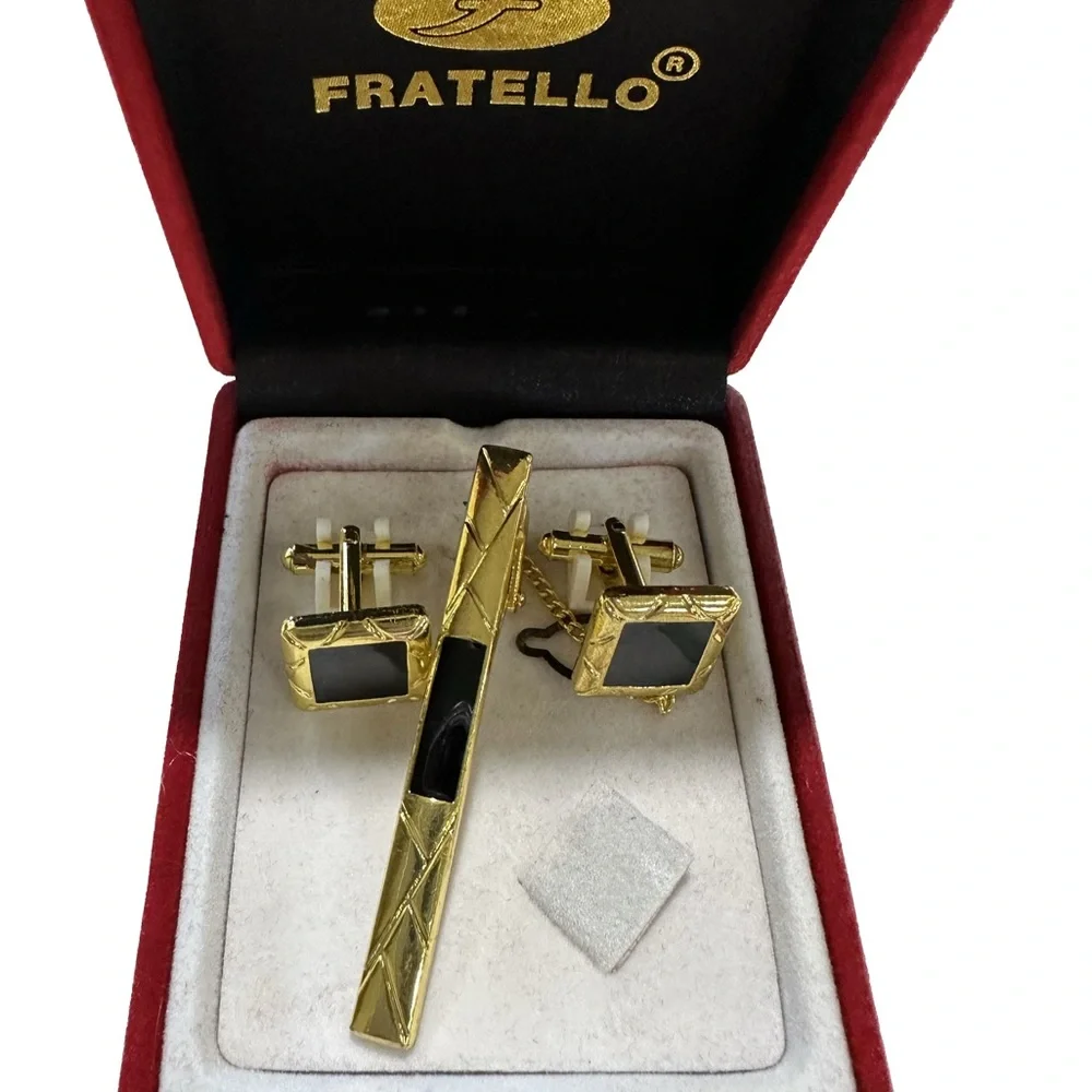 Men's Fratello Cufflinks with Tie Clip Gold Tone